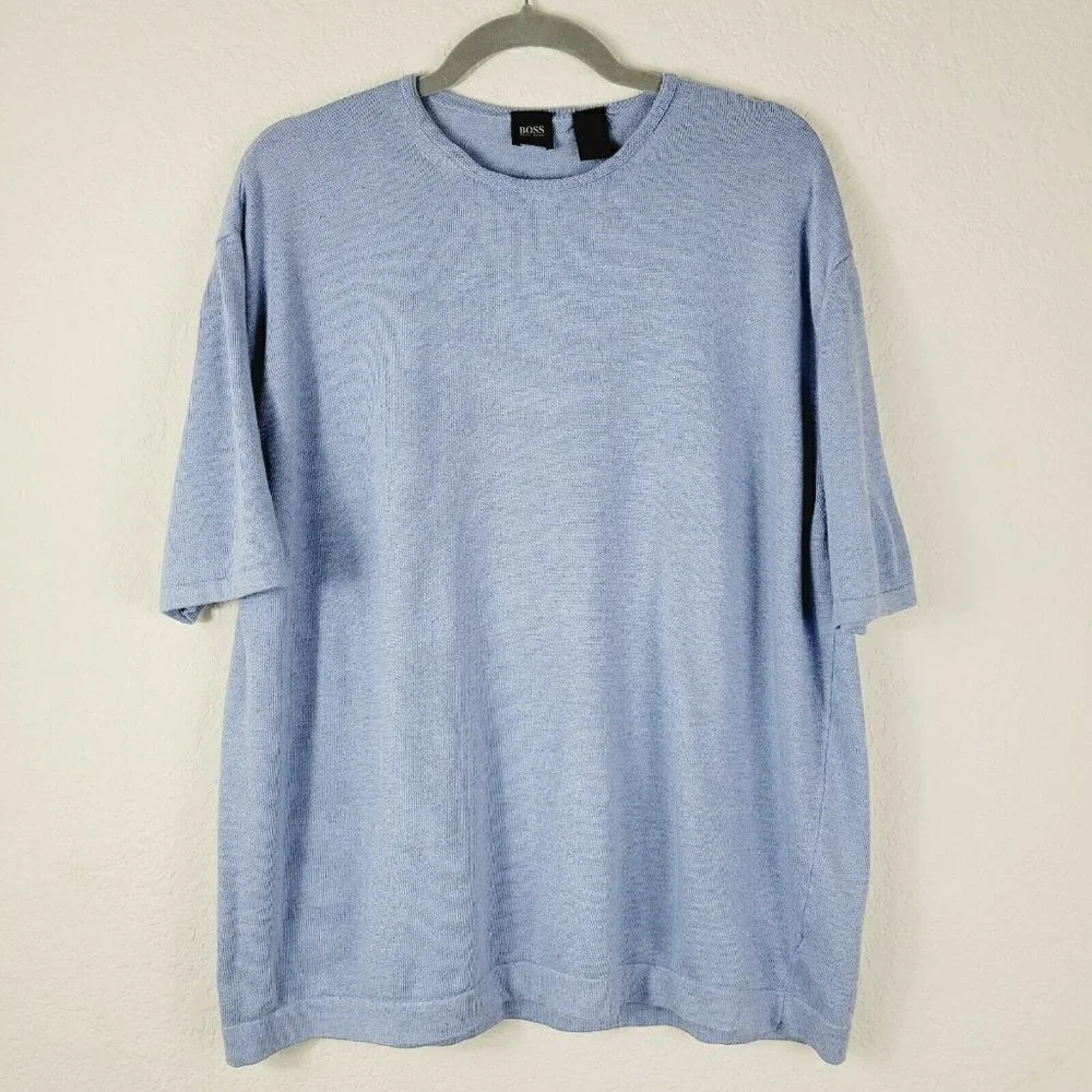 Vintage Hugo Boss Sz Large Knit Sweater Short Sleeve Light Blue Preppy Casual